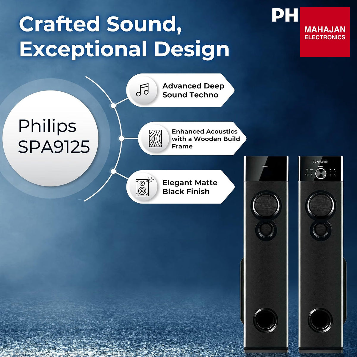 Philips SPA9125 2.0 Channel 130 W Multimedia Tower Speakers with Wireless Mic, Bluetooth, USB, AUX & FM Karaoke (Black) – Mahajan Electronics Online.