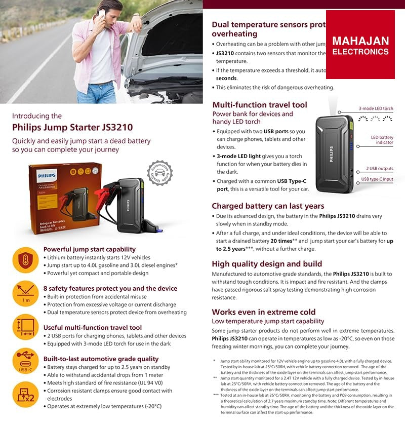 Philips JS3210 Car Jump Starter | 9900mAh Power Bank Philips