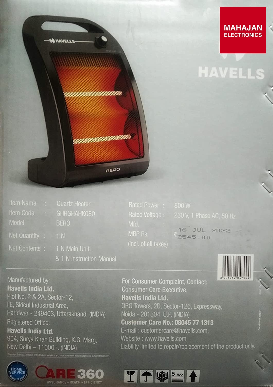 Havells Bero Quartz Heater Black 800w 2 Heat Settings 2 Year Product Warranty GHRGHAHK080 - Mahajan Electronics Online