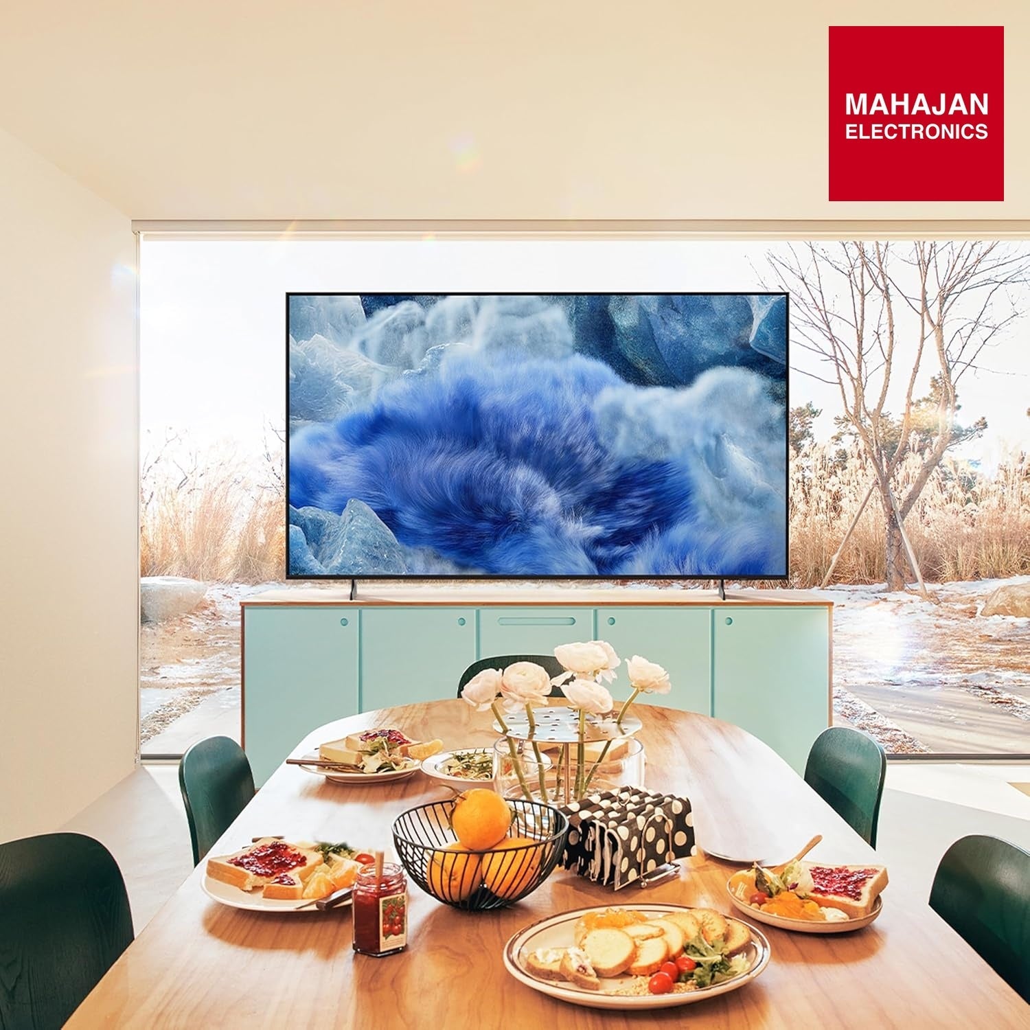 Samsung QA55Q8FAA television secondary image with Mahajan Electronics logo