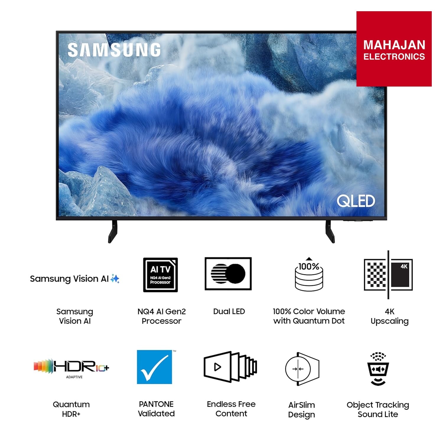 Samsung QA55Q8FAA television secondary image with Mahajan Electronics logo