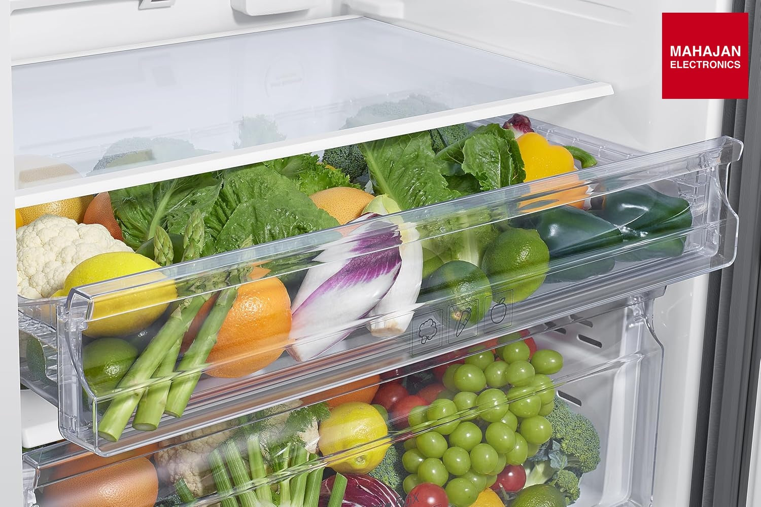Samsung RT56HG7A61 refrigerator secondary image with Mahajan Electronics logo