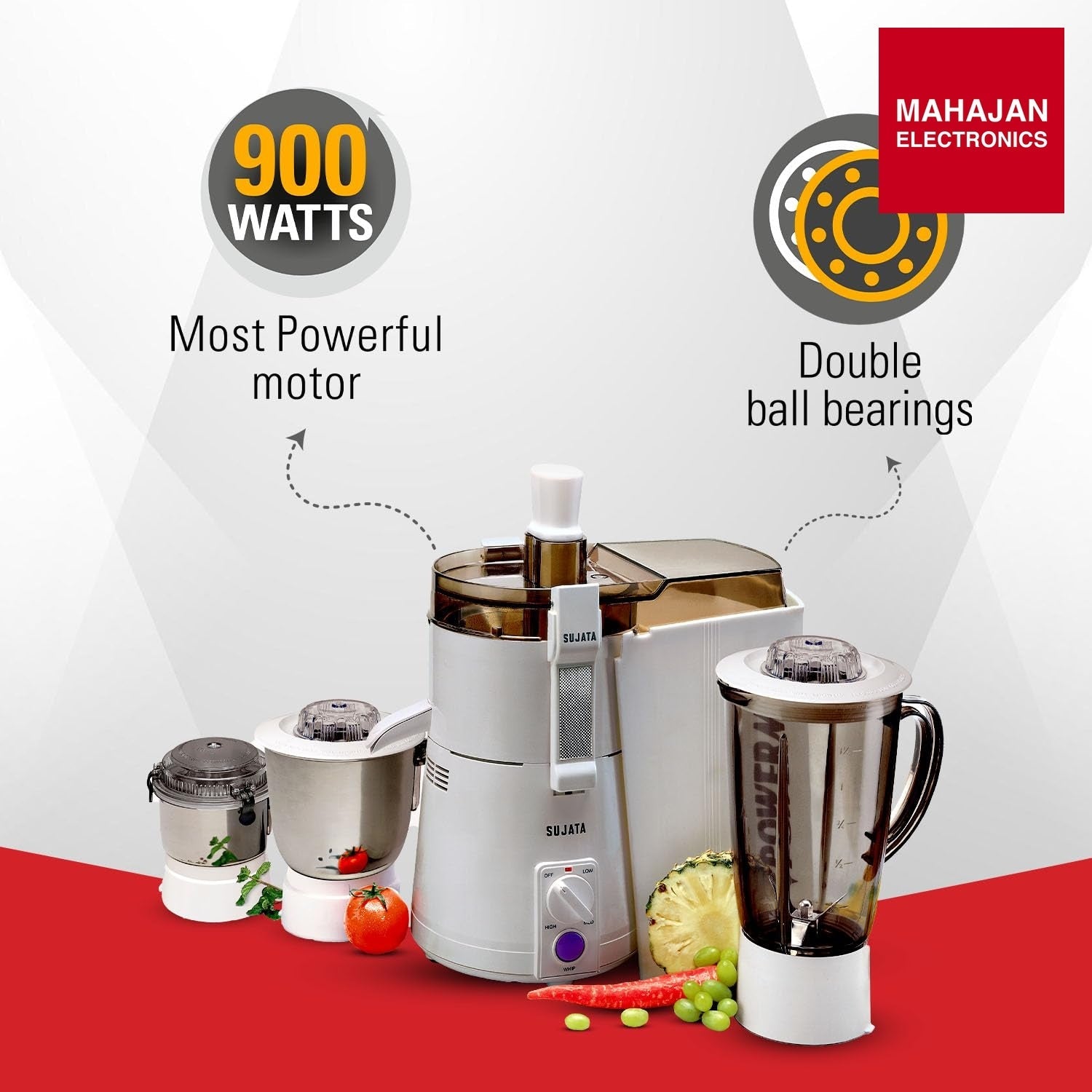 Sujata Powermatic Maxima 900W Juicer Mixer Grinder | 22000 RPM | 3 Jars | 90 Min Continuous Run | Mahajan Electronics Delhi NCR Sujata