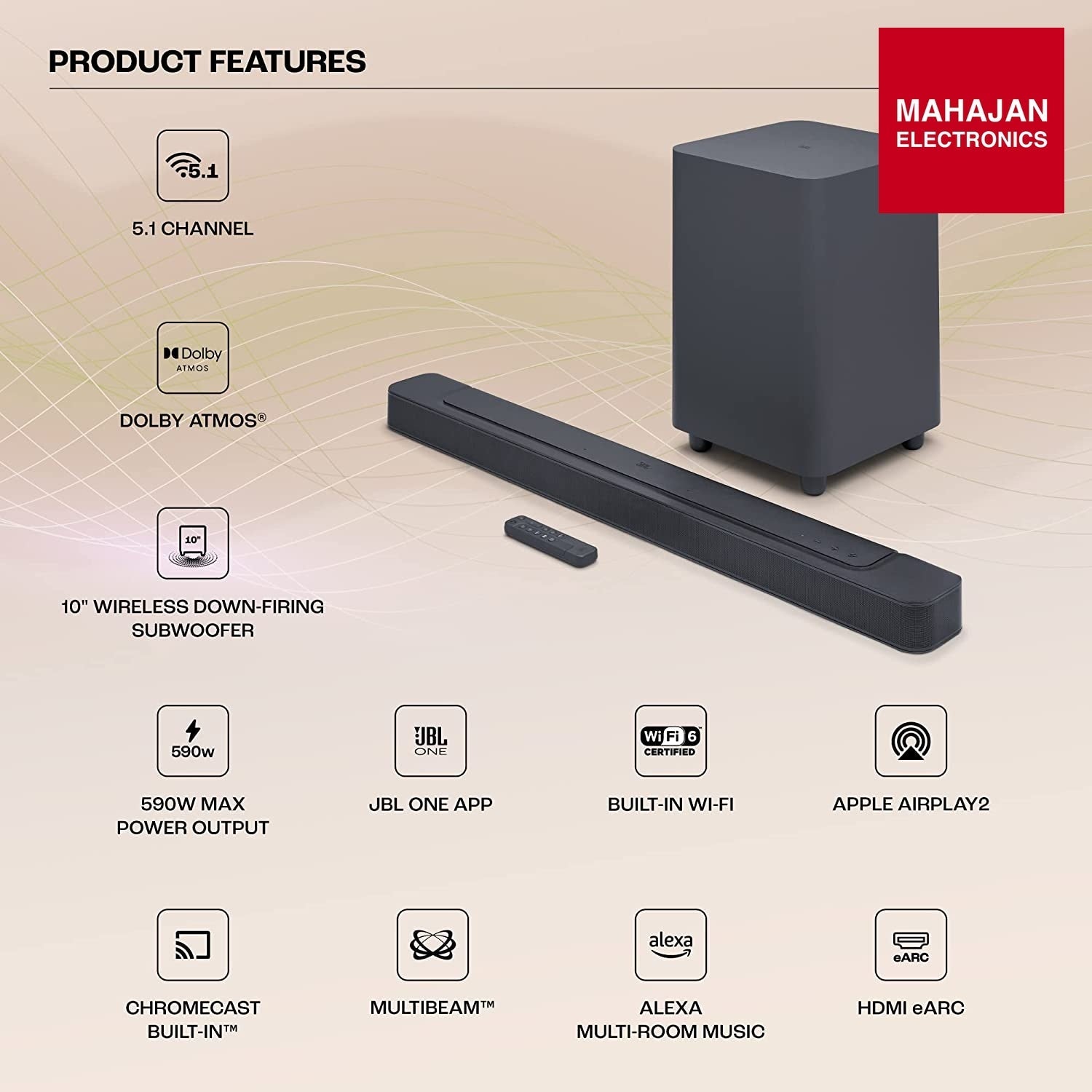 JBL Bar 500 Pro Dolby Atmos® Soundbar with Wireless Subwoofer, 5.1 Channel, 3D Surround,(590W) - Mahajan Electronics Online