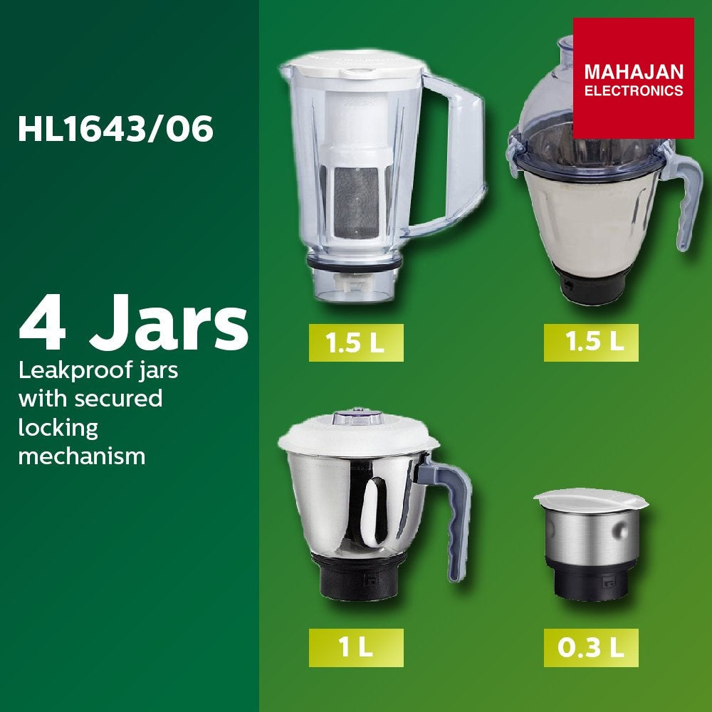 Philips Simple Silent Vertical HL1643 600-Watt Mixer Grinder with 5 Jars (Blue) - Mahajan Electronics Online