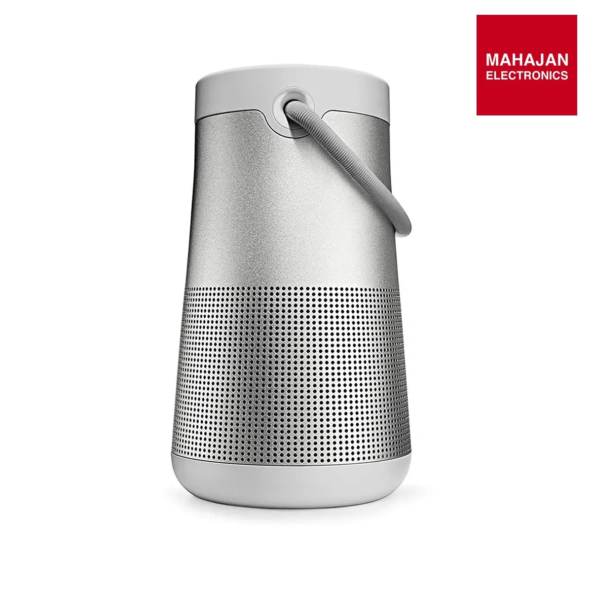 Silver portable speaker on a white background