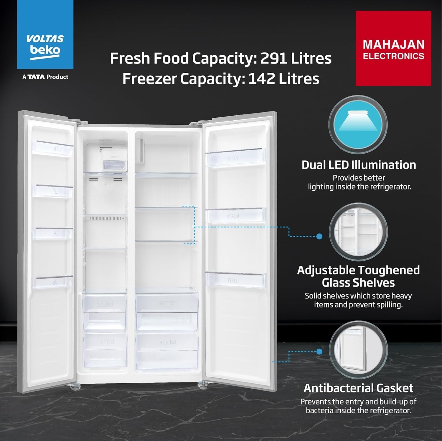 Voltas Beko RSB495 refrigerator secondary image with Mahajan Electronics logo