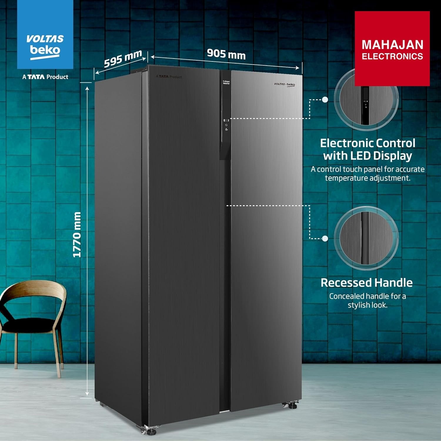 Voltas Beko RSB495 refrigerator secondary image with Mahajan Electronics logo