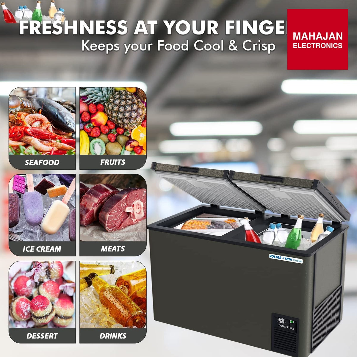 Voltas CVF320 deep freezer secondary image with Mahajan Electronics logo