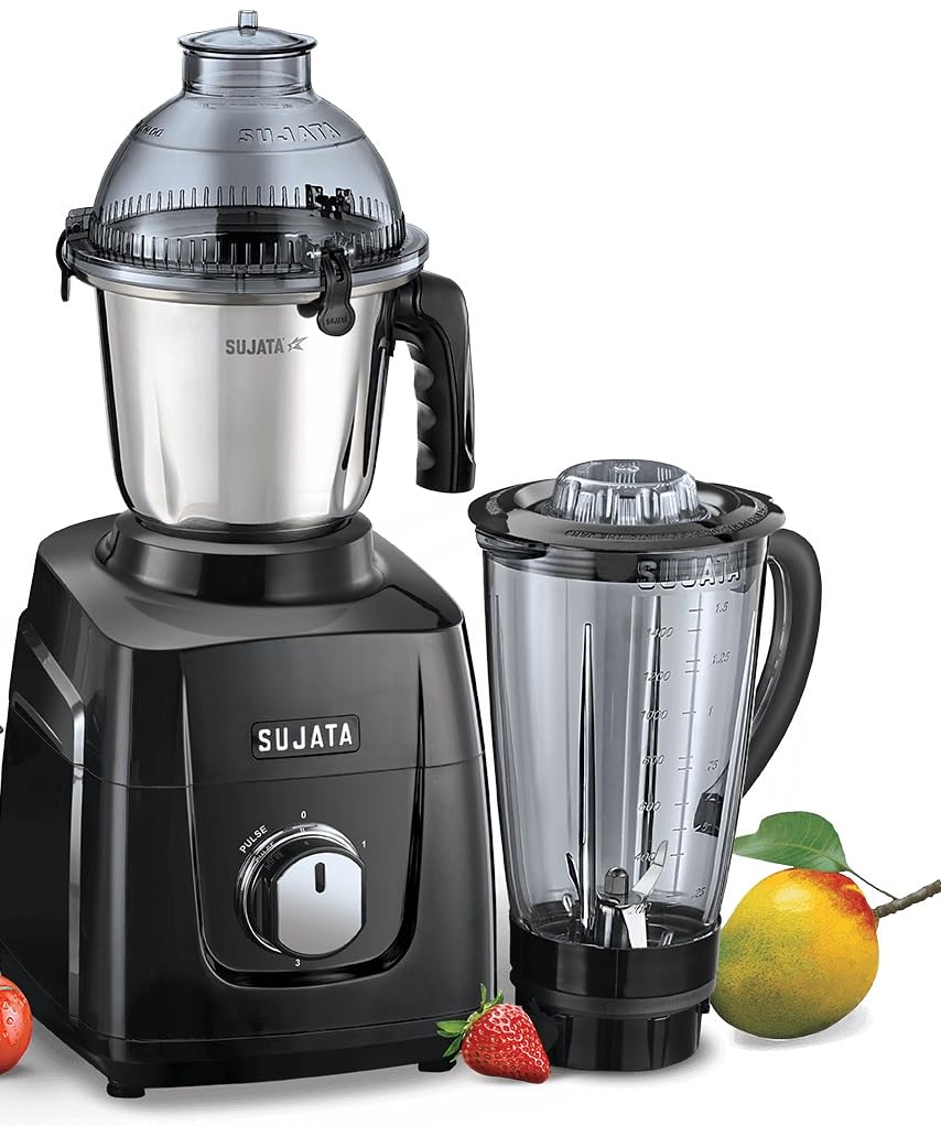Sujata MG03 Black 1000W Mixer Grinder with 3 Steel Jars &amp; 1 Glass Jar | 2-Year Warranty | High-Speed Motor | 24-Hour Delivery