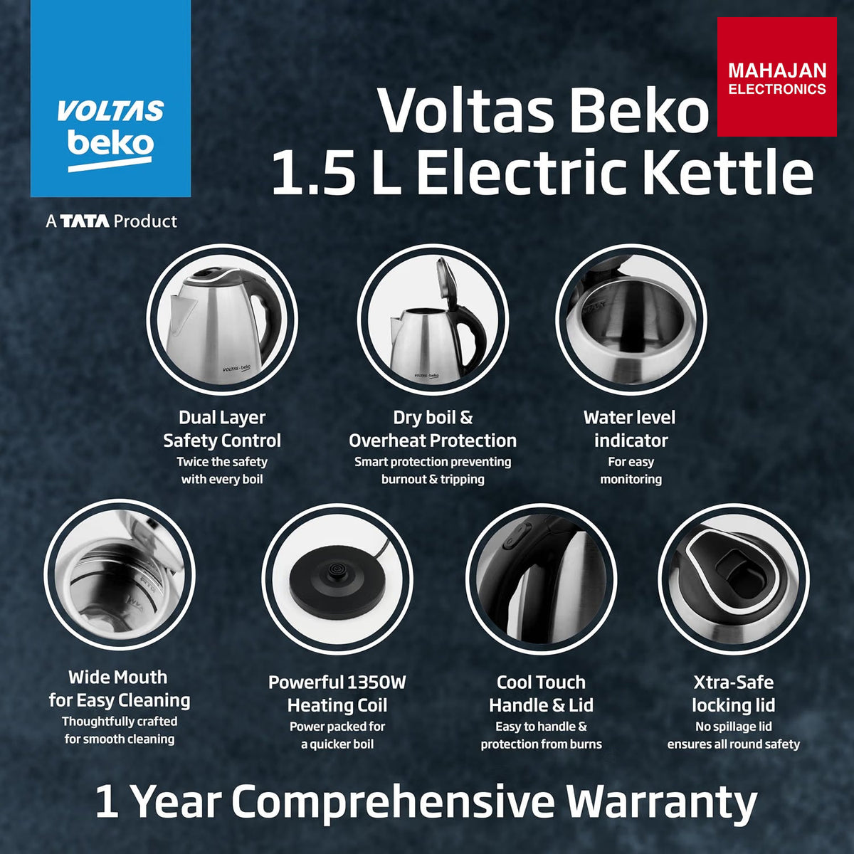 Voltas Beko K135X15H-SL 1.5 L Electric Kettle | 1350W Fast Boil | Stainless Steel | Auto Cut-Off &amp – Mahajan Electronics Online.