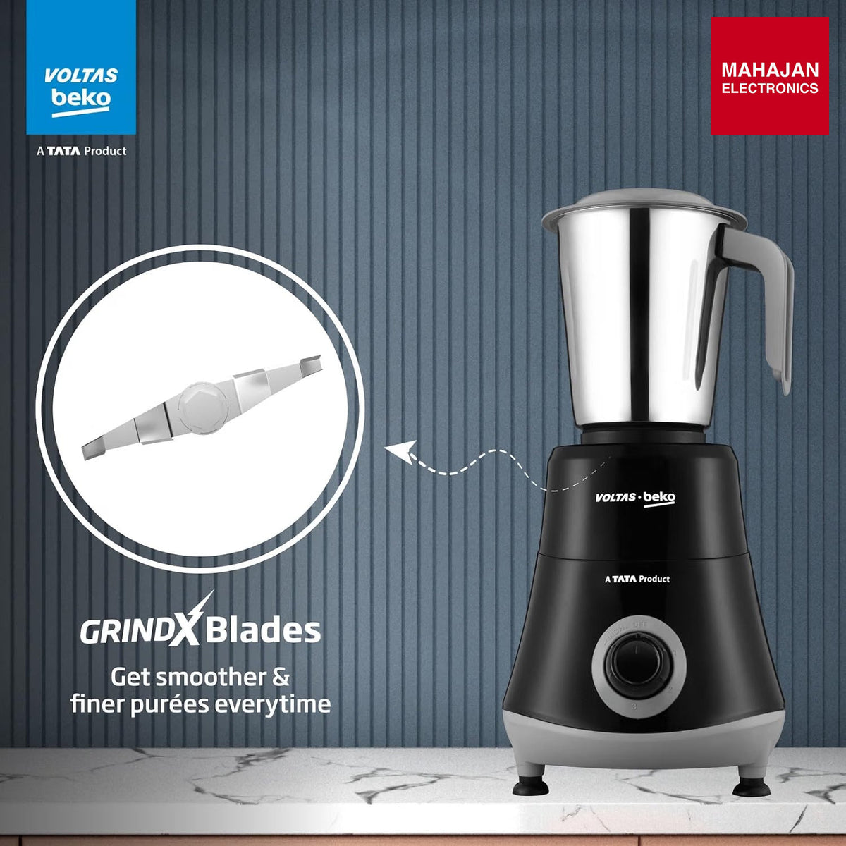 Voltas Beko G5253HP-BG 525W Mixer Grinder | GrindX Technology | 3 Stainless Steel Jars | Black & Grey – Mahajan Electronics Online.