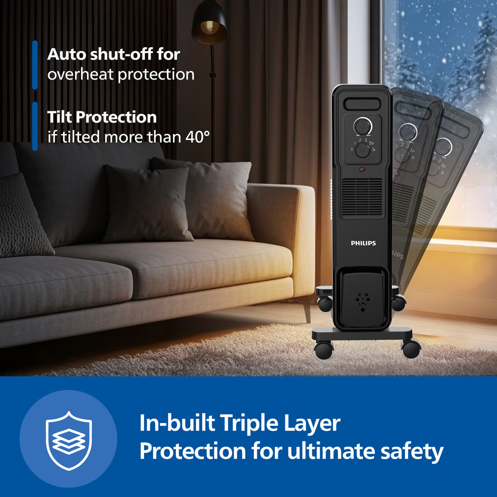 Philips CX3011/01 11Fin (Oil Filled Radiator)|Room Heater|2900W|3 Heat Settings & PTC Fan  Wheels| Comfortable Breathing|360° Heating (Black) Mahajan Electronics Online