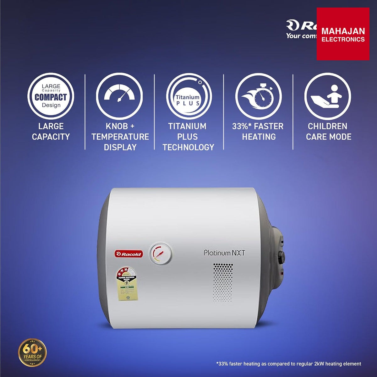 Racold Platinum Nxt 50L RHS horizontal water heater with Titanium Plus technology – Mahajan Electronics Online.