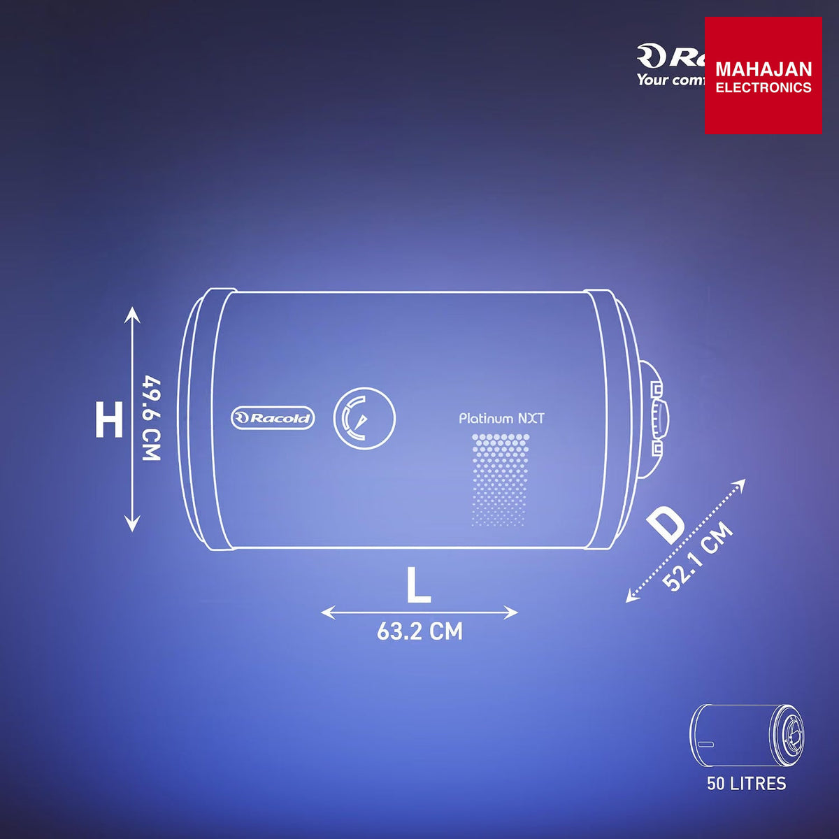 Racold Platinum Nxt 50L RHS horizontal water heater with Titanium Plus technology – Mahajan Electronics Online.