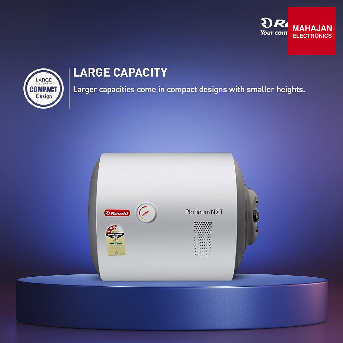 Racold Platinum Nxt 50L RHS horizontal water heater with Titanium Plus technology – Mahajan Electronics Online.