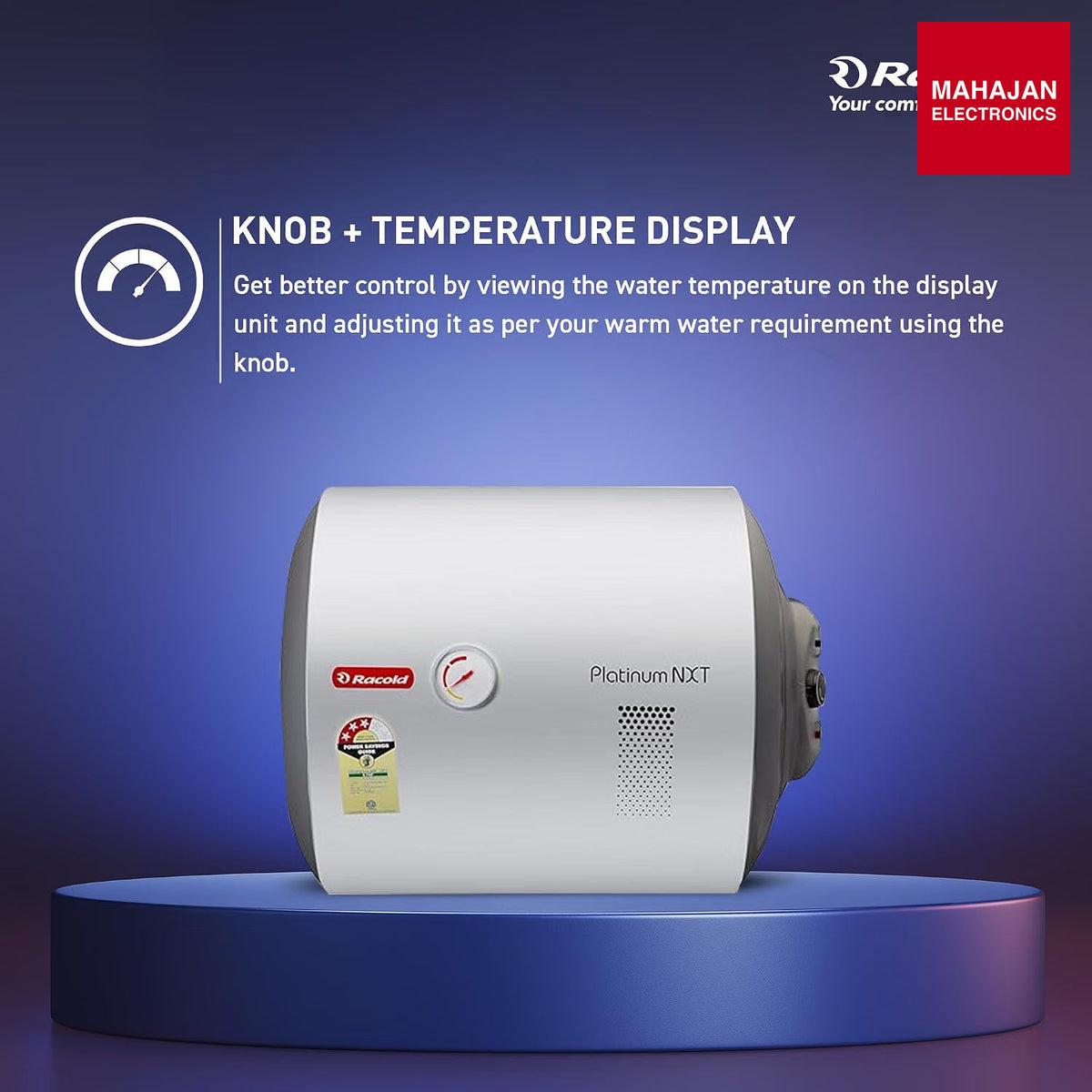 Racold Platinum Nxt 50L RHS horizontal water heater with Titanium Plus technology – Mahajan Electronics Online.