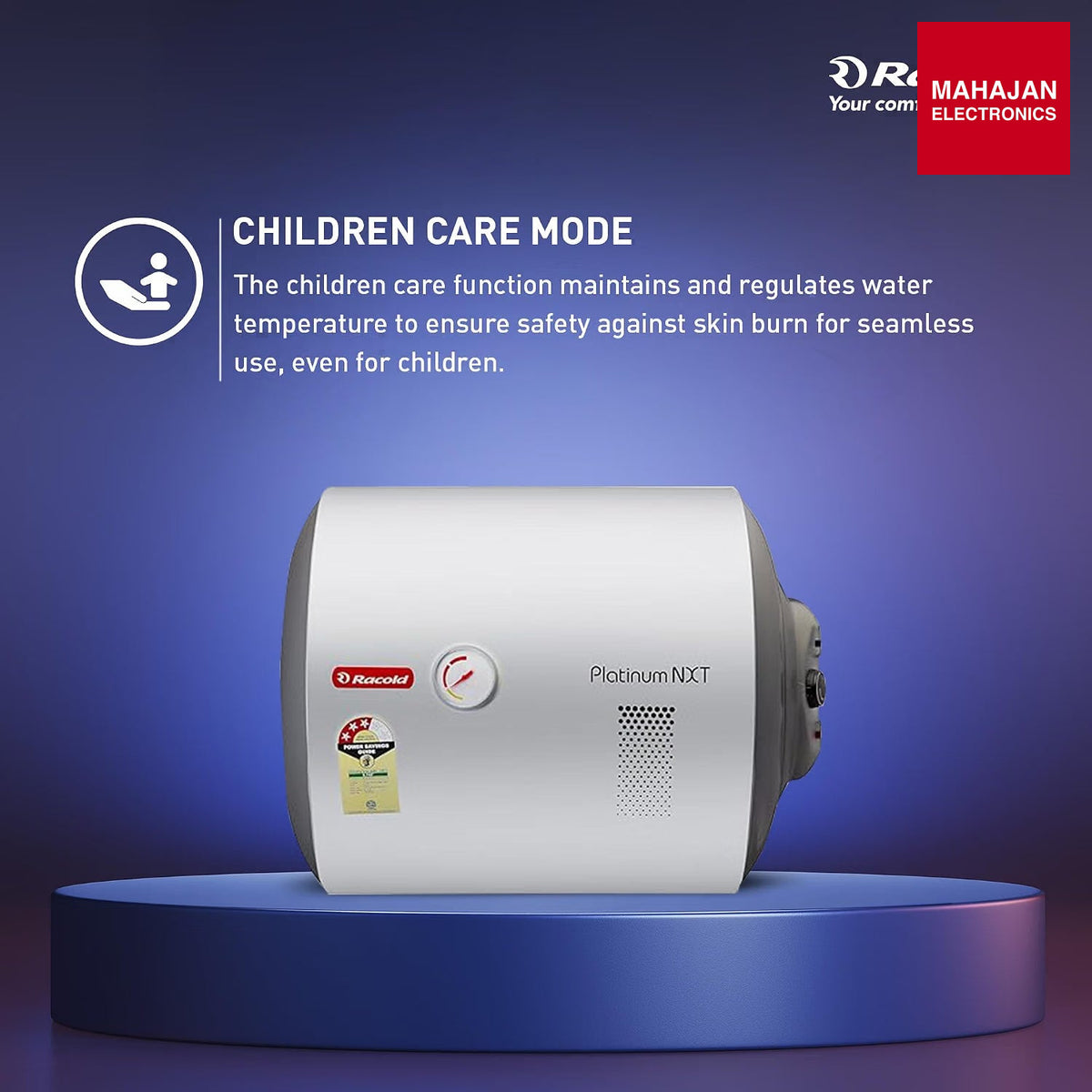 Racold Platinum Nxt 50L RHS horizontal water heater with Titanium Plus technology – Mahajan Electronics Online.