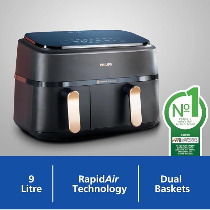PHILIPS Air Fryer NA352/00 with Rapid Air Technology, 9L capacity, Dual basket (6L & 3L) for full oven tray cooking, 8 Preset Menus, Intuitive touch control, 90% less oil, 500+ Recipes, Extra Large-Online Mahajan Electronics
