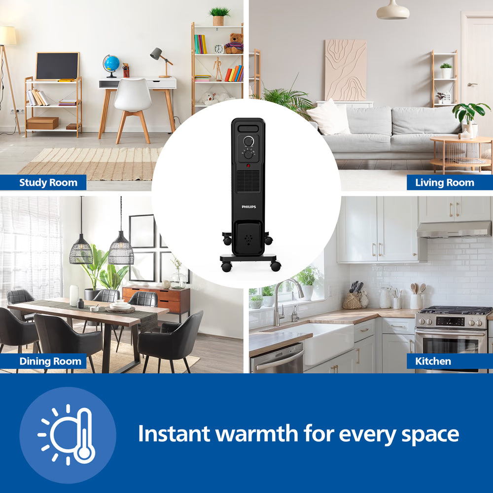 Philips CX3011/01 11Fin (Oil Filled Radiator)|Room Heater|2900W|3 Heat Settings & PTC Fan  Wheels| Comfortable Breathing|360° Heating (Black) Mahajan Electronics Online