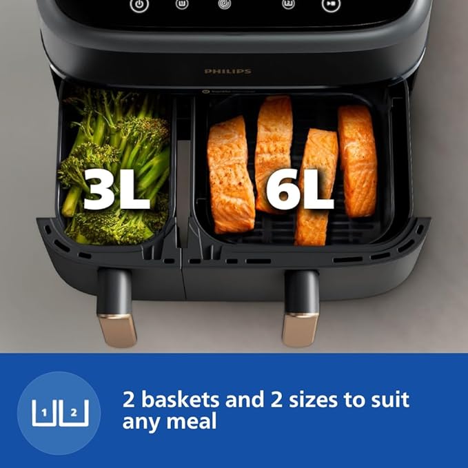 PHILIPS Air Fryer NA352/00 with Rapid Air Technology, 9L capacity, Dual basket (6L & 3L) for full oven tray cooking, 8 Preset Menus, Intuitive touch control, 90% less oil, 500+ Recipes, Extra Large-Online Mahajan Electronics