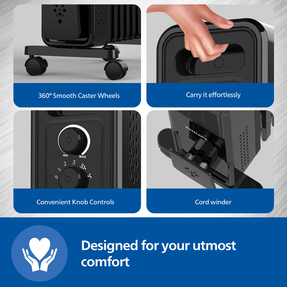 Philips CX30139 13Fin (Oil Filled Radiator)|Room Heater|2900W|3 Heat Settings & PTC Fan  Wheels| Comfortable Breathing|360° Heating (Black) Mahajan Electronics Online