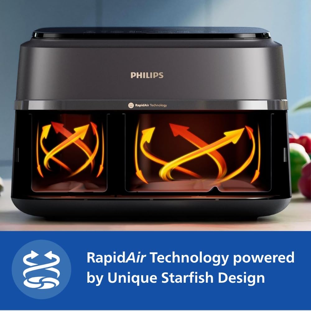 PHILIPS Air Fryer NA352/00 with Rapid Air Technology, 9L capacity, Dual basket (6L & 3L) for full oven tray cooking, 8 Preset Menus, Intuitive touch control, 90% less oil, 500+ Recipes, Extra Large-Online Mahajan Electronics