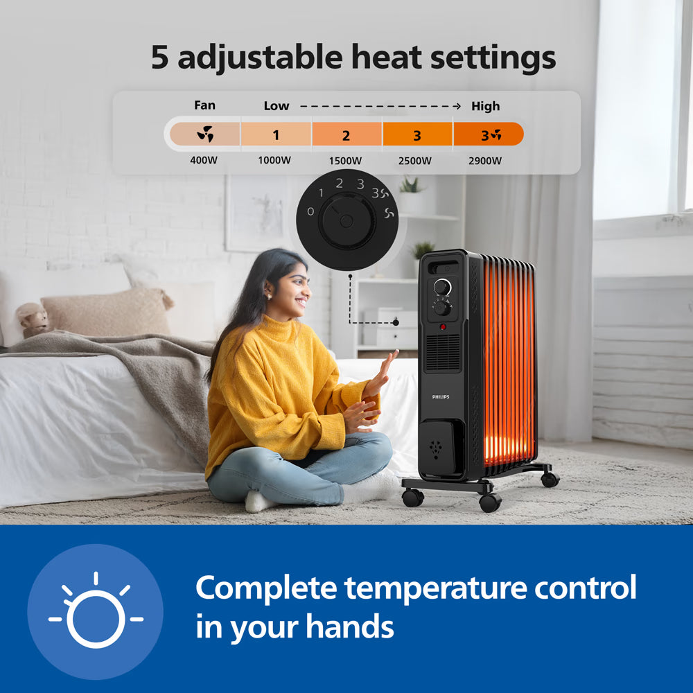 Philips CX3011/01 11Fin (Oil Filled Radiator)|Room Heater|2900W|3 Heat Settings & PTC Fan  Wheels| Comfortable Breathing|360° Heating (Black) Mahajan Electronics Online