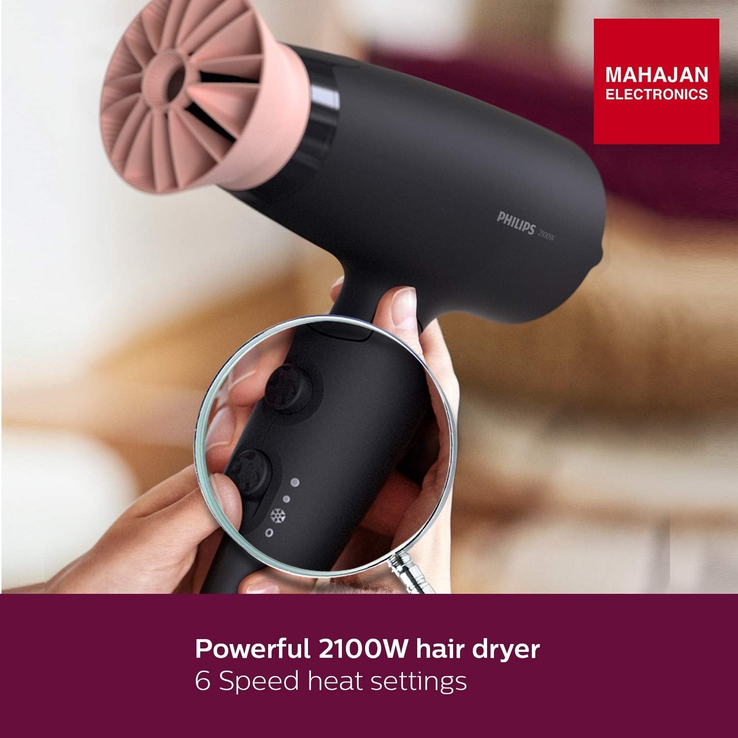 Philips BHD356/10 Professional Hair Dryer 2100W | ThermoProtect AirFlower Technology | Advanced Ionic Care | Foldable Handle | 6 Heat & Speed Settings | Black Philips