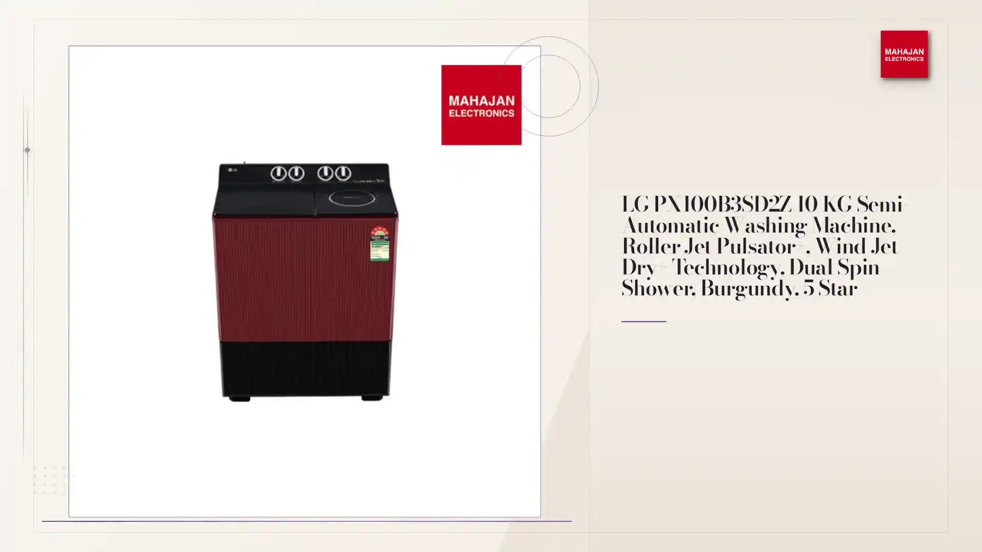 LG PX100B3SD2Z 10 KG Semi-Automatic Washing Machine, Roller Jet Pulsator+, Wind Jet Dry+ Technology, Dual Spin Shower, Burgundy, 5 Star by@Outfy