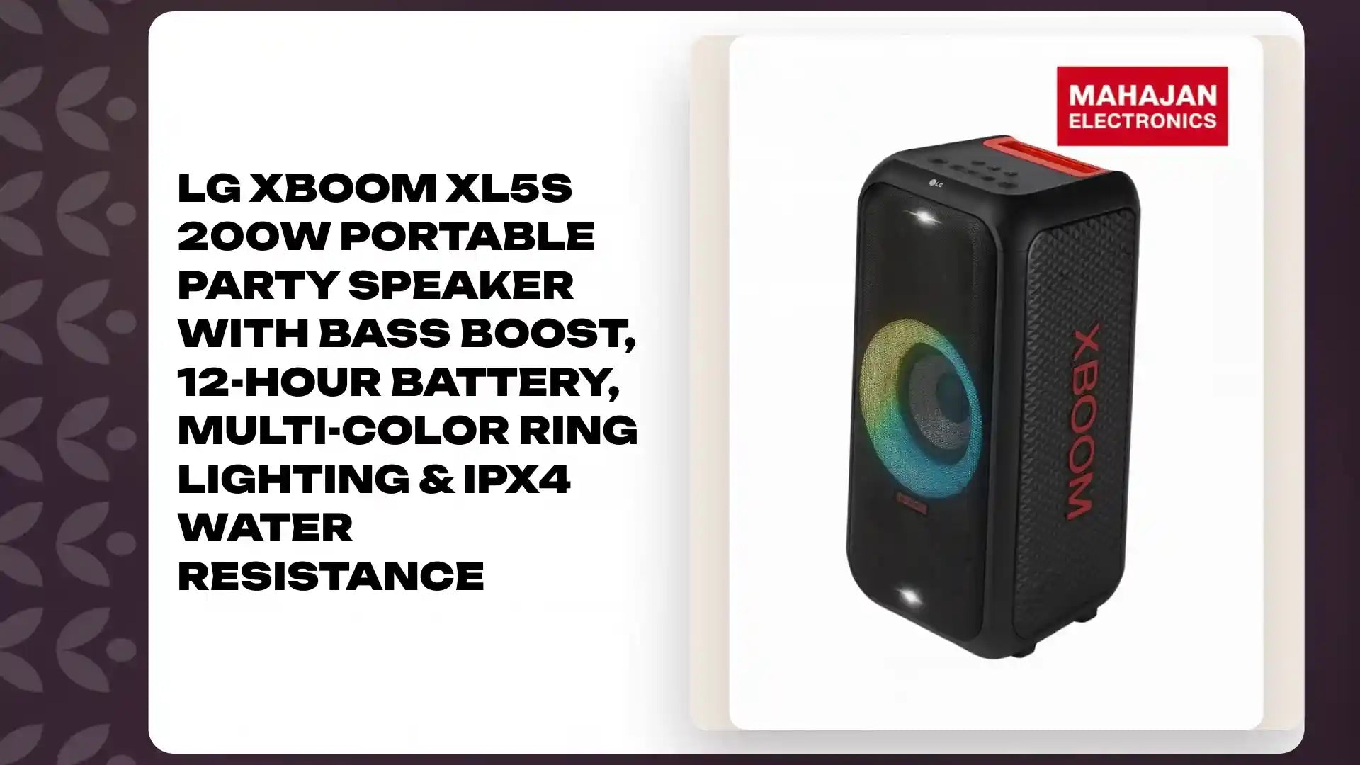 LG XBOOM XL5S 200W Portable Party Speaker with Bass Boost, 12-Hour Battery, Multi-Color Ring Lighting &amp; IPX4 Water Resistance by@Outfy
