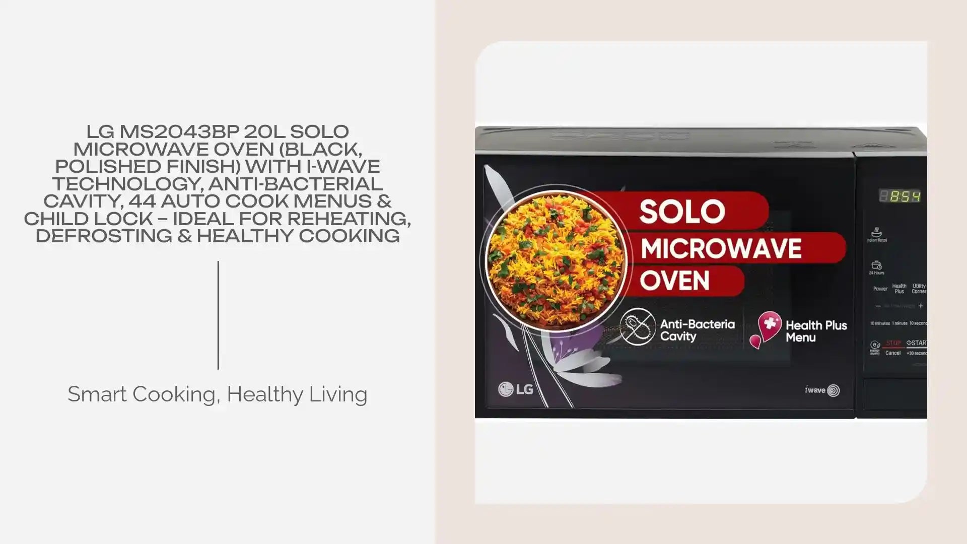 LG MS2043BP 20L Solo Microwave Oven (Black, Polished Finish) with i-Wave Technology, Anti-Bacterial Cavity, 44 Auto Cook Menus &amp; Child Lock &ndash; Ideal for Reheating, Defrosting &amp; Healthy Cooking by@Outfy