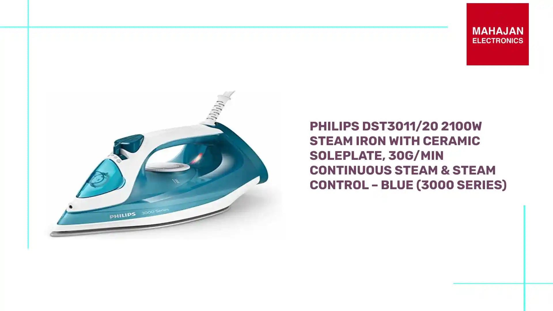 Philips DST3011/20 2100W Steam Iron with Ceramic Soleplate, 30g/min Continuous Steam &amp; Steam Control &ndash; Blue (3000 Series) by@Outfy