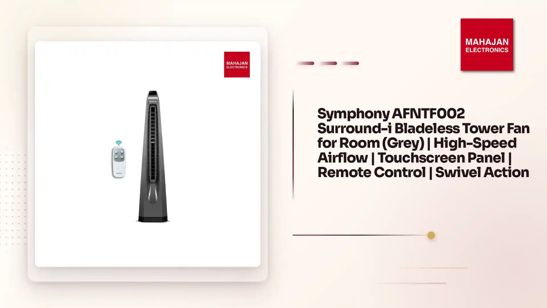 Symphony AFNTF002 Surround-i Bladeless Tower Fan for Room (Grey) | High-Speed Airflow | Touchscreen Panel | Remote Control | Swivel Action by@Outfy