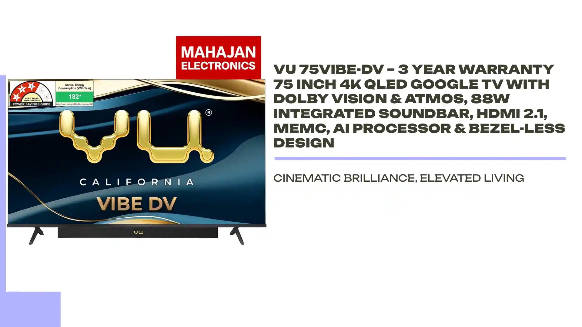 VU 75VIBE-DV &ndash; 3 Year Warranty 75 Inch 4K QLED Google TV with Dolby Vision &amp; Atmos, 88W Integrated Soundbar, HDMI 2.1, MEMC, AI Processor &amp; Bezel-Less Design by@Outfy