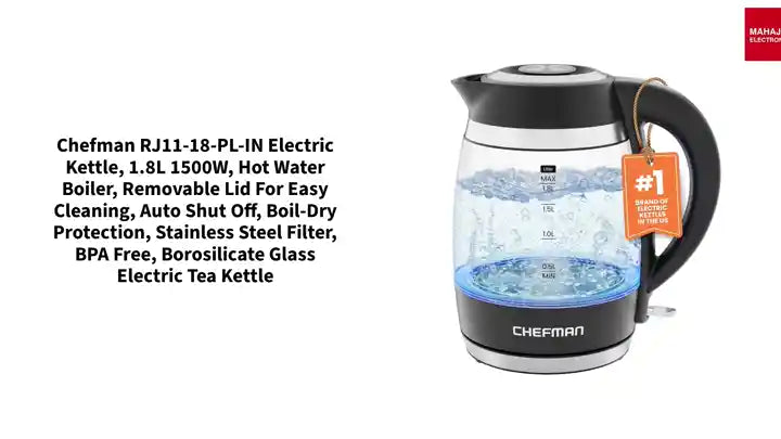 Chefman RJ11-18-PL-IN Electric Kettle, 1.8L 1500W, Hot Water Boiler, Removable Lid for Easy Cleaning, Auto Shut Off, Boil-Dry Protection, Stainless Steel Filter, BPA Free, Borosilicate Glass Electric Tea Kettle by@Outfy