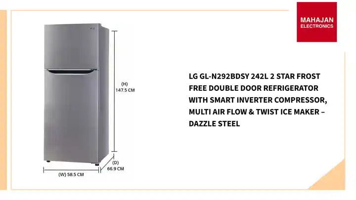 LG GL-N292BDSY 242L 2 Star Frost Free Double Door Refrigerator with Smart Inverter Compressor, Multi Air Flow &amp; Twist Ice Maker &ndash; Dazzle Steel by@Outfy