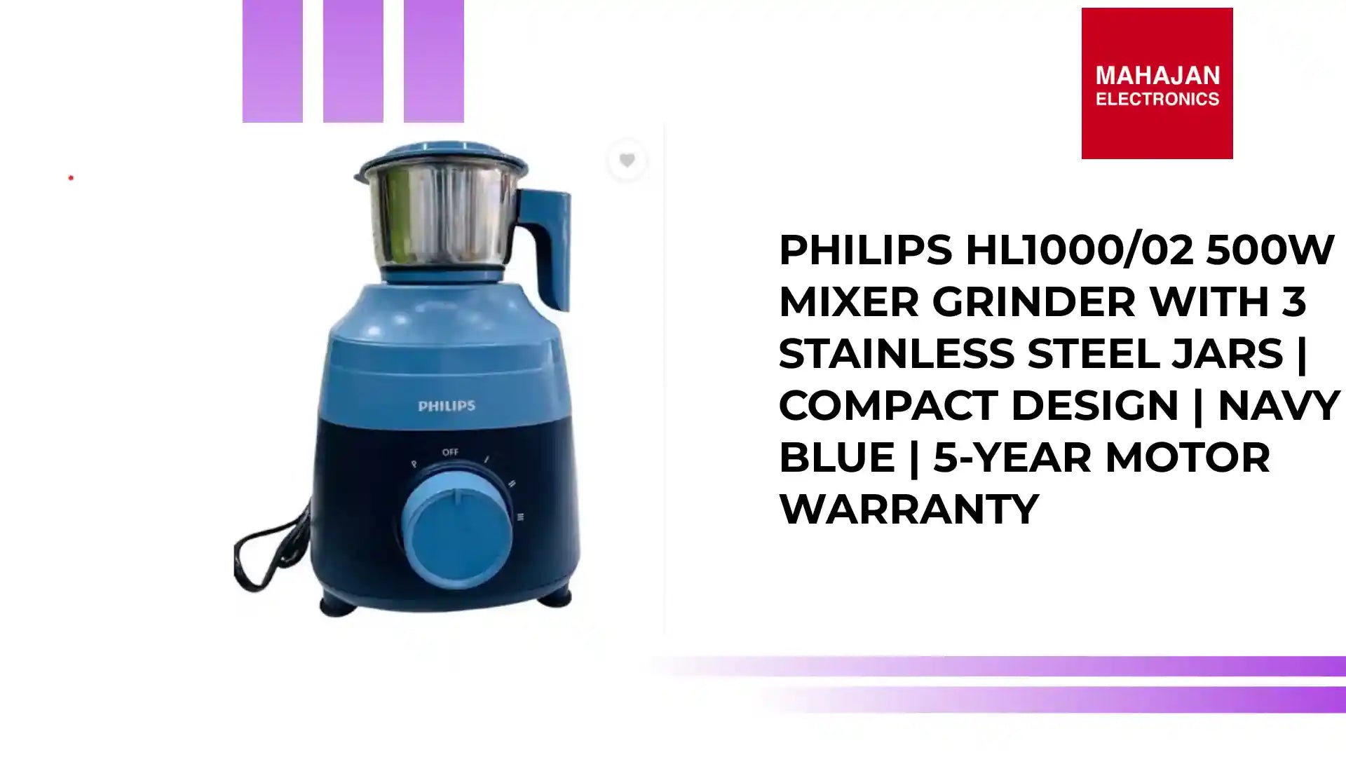 Philips HL1000/02 500W Mixer Grinder with 3 Stainless Steel Jars | Compact Design | Navy Blue | 5-Year Motor Warranty by@Outfy