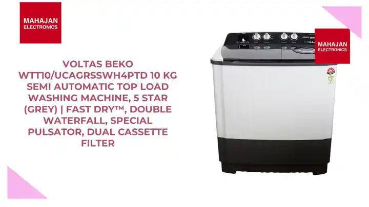 Voltas Beko WTT10/UCAGRSSWH4PTD 10 Kg Semi Automatic Top Load Washing Machine, 5 Star (Grey) | Fast Dry&trade;, Double Waterfall, Special Pulsator, Dual Cassette Filter by@Outfy