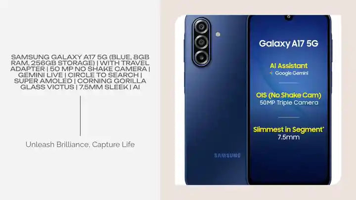Samsung Galaxy A17 5G (Blue, 8GB RAM, 256GB Storage) | with Travel Adapter | 50 MP No Shake Camera | Gemini Live | Circle to Search | Super AMOLED | Corning Gorilla Glass Victus | 7.5mm Sleek | AI by@Outfy