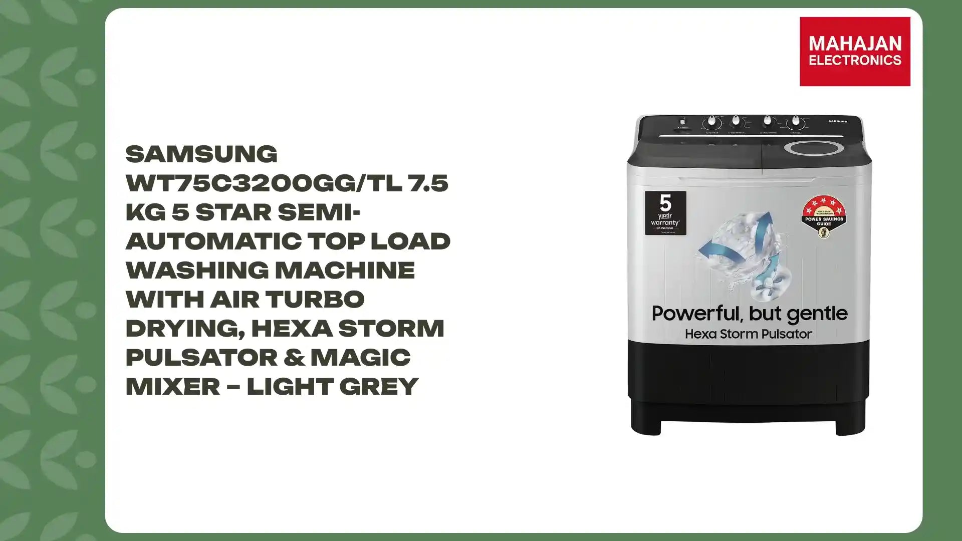 Samsung WT75C3200GG/TL 7.5 Kg 5 Star Semi-Automatic Top Load Washing Machine with Air Turbo Drying, Hexa Storm Pulsator &amp; Magic Mixer &ndash; Light Grey by@Outfy