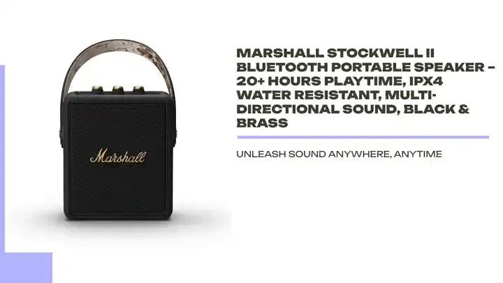 Marshall Stockwell II Bluetooth Portable Speaker &ndash; 20+ Hours Playtime, IPX4 Water Resistant, Multi-Directional Sound, Black &amp; Brass by@Outfy