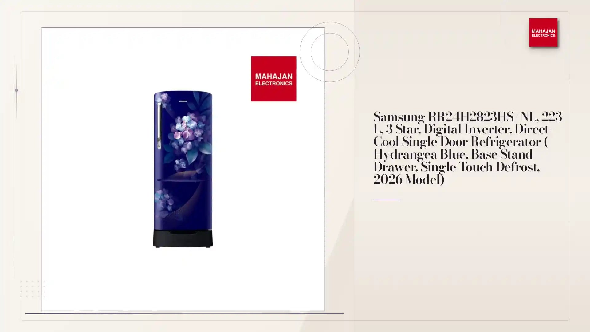 Samsung RR24H2823HS/NL, 223 L, 3 Star, Digital Inverter, Direct-Cool Single Door Refrigerator (Hydrangea Blue, Base Stand Drawer, Single Touch Defrost, 2026 Model) by@Outfy