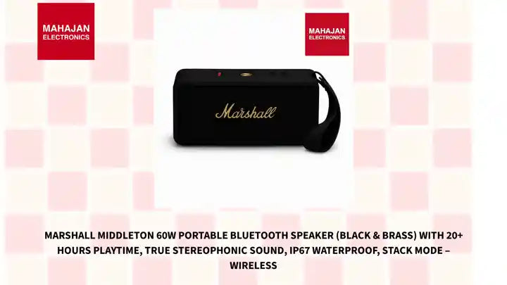 Marshall Middleton 60W Portable Bluetooth Speaker (Black &amp; Brass) with 20+ Hours Playtime, True Stereophonic Sound, IP67 Waterproof, Stack Mode &ndash; Wireless by@Outfy