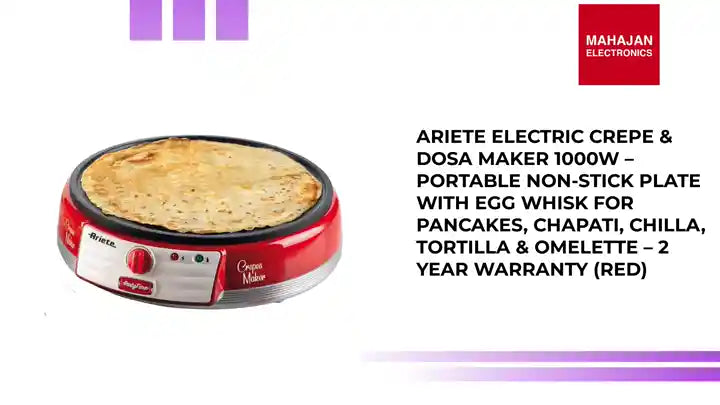 Ariete Electric Crepe &amp; Dosa Maker 1000W &ndash; Portable Non-Stick Plate with Egg Whisk for Pancakes, Chapati, Chilla, Tortilla &amp; Omelette &ndash; 2 Year Warranty (Red) by@Outfy