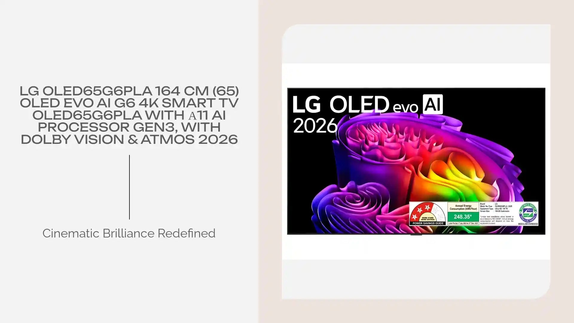 LG OLED65G6PLA 164 cm (65) OLED evo AI G6 4K Smart TV OLED65G6PLA with &alpha;11 AI Processor Gen3, with Dolby Vision &amp; Atmos 2026 by@Outfy
