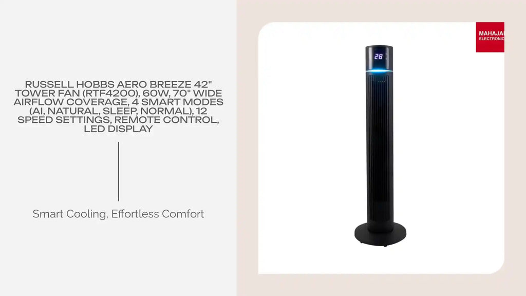 Russell Hobbs Aero Breeze 42" Tower Fan (RTF4200), 60W, 70&deg; Wide Airflow Coverage, 4 Smart Modes (AI, Natural, Sleep, Normal), 12 Speed Settings, Remote Control, LED Display by@Outfy