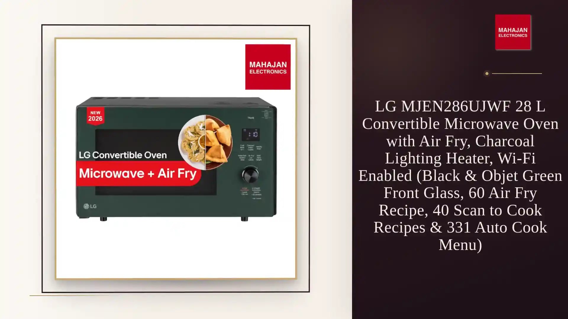 LG MJEN286UJWF 28 L Convertible Microwave Oven with Air Fry, Charcoal Lighting Heater, Wi-Fi Enabled (Black &amp; Objet Green Front Glass, 60 Air Fry Recipe, 40 Scan to Cook Recipes &amp; 331 Auto Cook Menu) by@Outfy