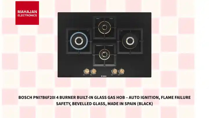 Bosch PNI7B6F20I 4 Burner Built-in Glass Gas Hob &ndash; Auto Ignition, Flame Failure Safety, Bevelled Glass, Made in Spain (Black) by@Outfy