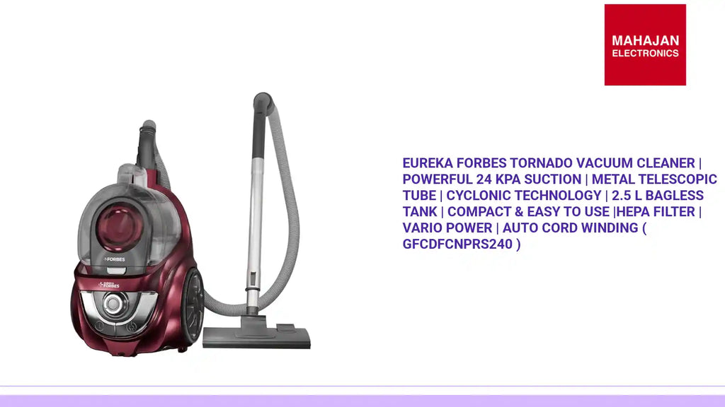 Eureka Forbes Tornado Vacuum Cleaner | Powerful 24 kPa Suction | Metal Telescopic Tube | Cyclonic Technology | 2.5 L Bagless Tank | Compact & Easy to Use |HEPA Filter | Vario Power | Auto cord winding ( GFCDFCNPRS240 ) by@Outfy
